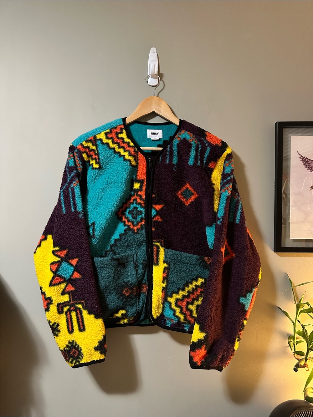 Obey women’s Multicolor Aztec Sherpa Zip Jacket - Teal, Yellow, Burgundy